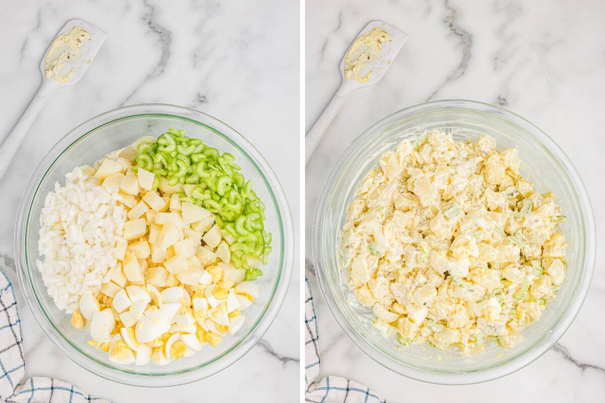 Side-by-side photos of potato salad ingredients such as eggs, celery and onion before and after mixing.