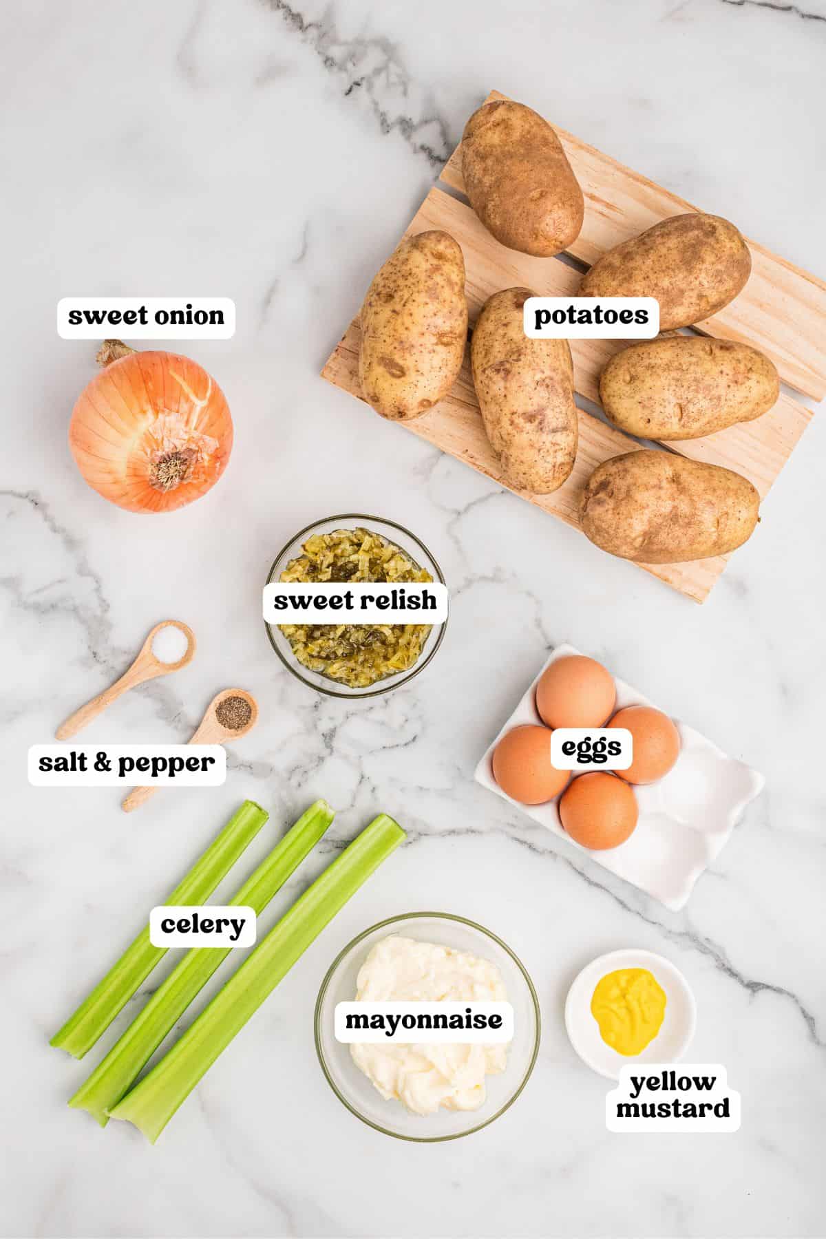 Ingredients for potato salad including potatoes, sweet onion, celery, sweet relish, mayonnaise, yellow mustard, eggs, salt, and pepper, each labeled with text on the image.