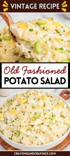 Creamy potato salad with potatoes, celery, and chopped eggs, one served on a wooden spoon and one in a white bowl. Text on the image reads “Vintage Recipe” and “Old Fashioned Potato Salad.”