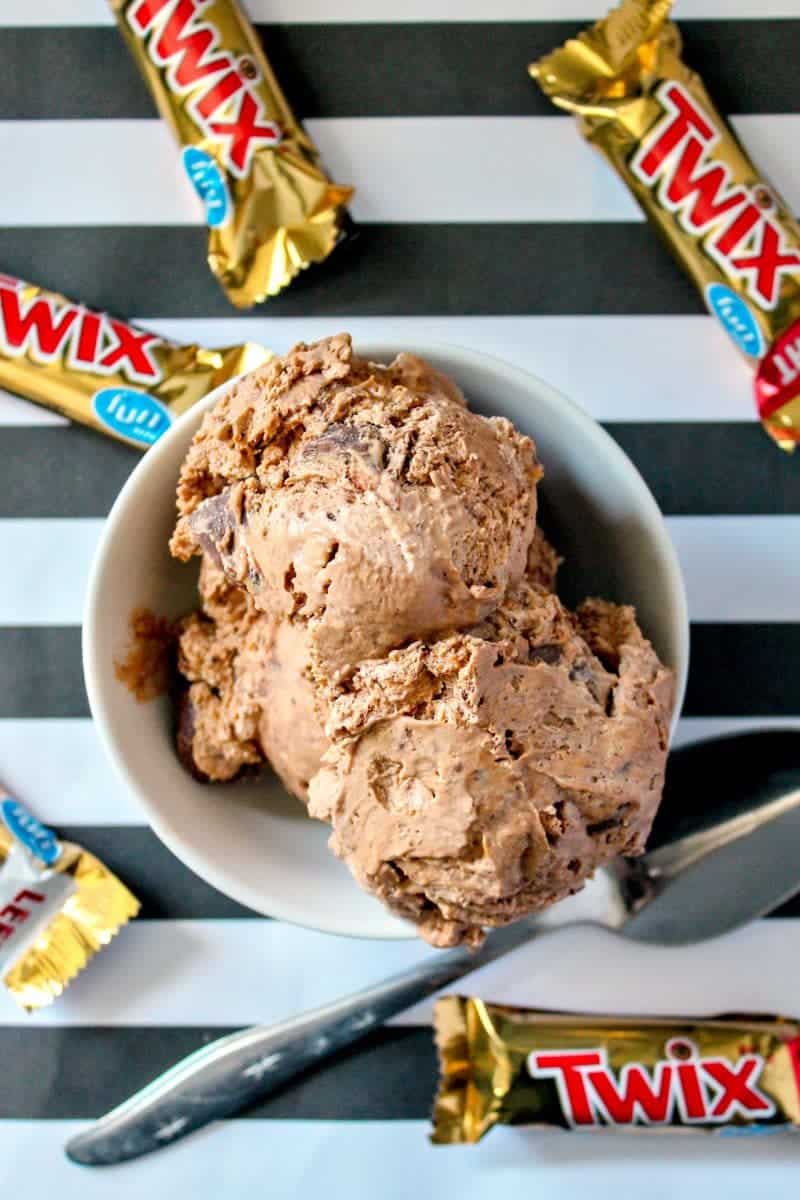 Creamy homemade chocolate twix ice cream is an easy to make indulging frozen treat perfect for summer or anytime of the year.