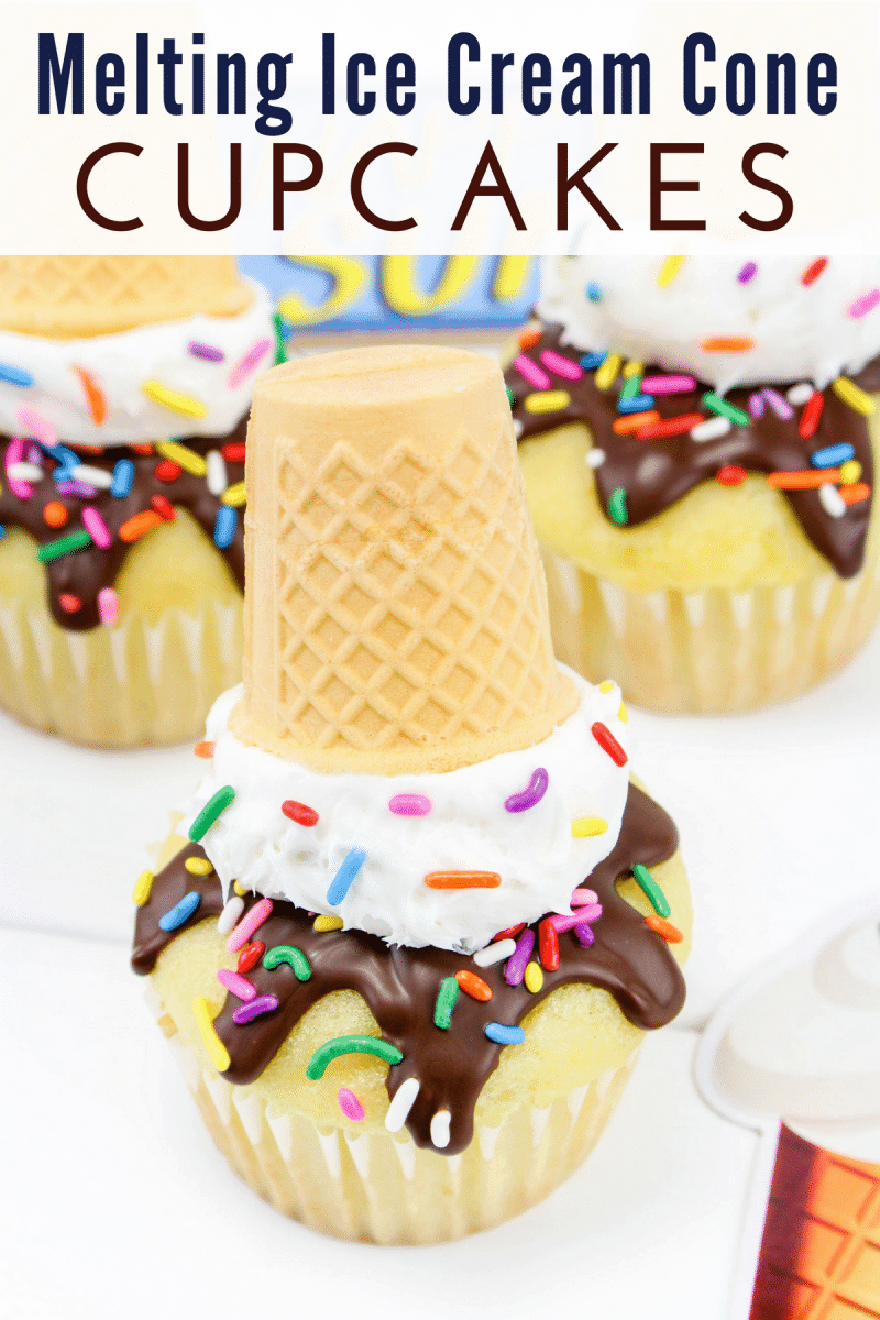 Melting ice cream cone cupcakes are easy to make and designed to look like a ice cream cone that fell upside down and is beginning to melt.