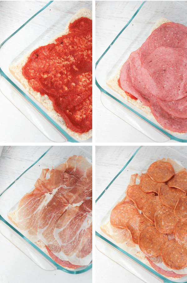 Four image collage of Italian meats and cheese being layered on Hawaiian slider buns in baking dish.