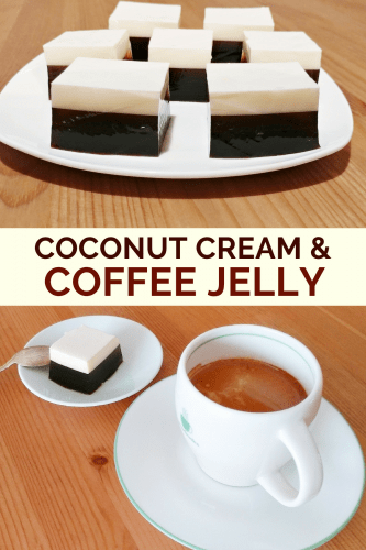 A multi-layer coffee jelly recipe that combines a layer of coffee gelatin and a layer of coconut cream for a light and refreshing dessert.