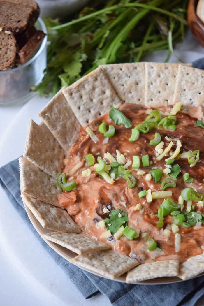 A BBQ chicken dip made with shredded chicken, cream cheese, sour cream, BBQ sauce, and cheese. This BBQ dip makes a great party appetizer or game day snack.