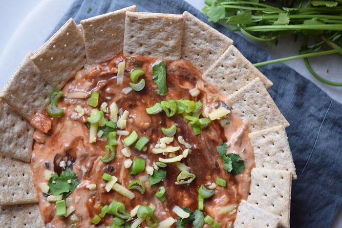 A BBQ chicken dip made with shredded chicken, cream cheese, sour cream, BBQ sauce, and cheese. This BBQ dip makes a great party appetizer or game day snack.