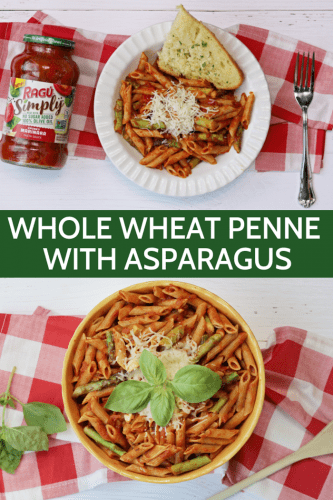 Whole wheat pasta with asparagus and marinara sauce is a quick and easy weeknight dinner option that the whole family will enjoy.