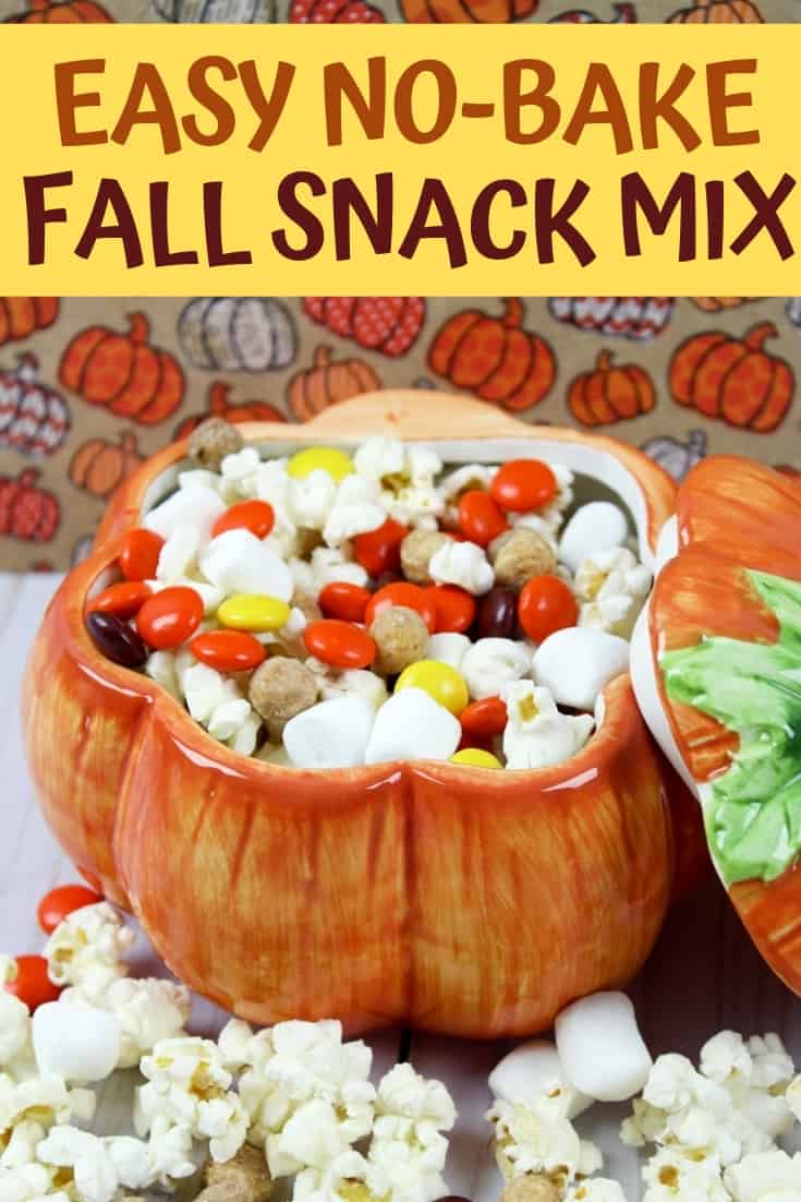 Fall snack mix in a pumpkin bowl