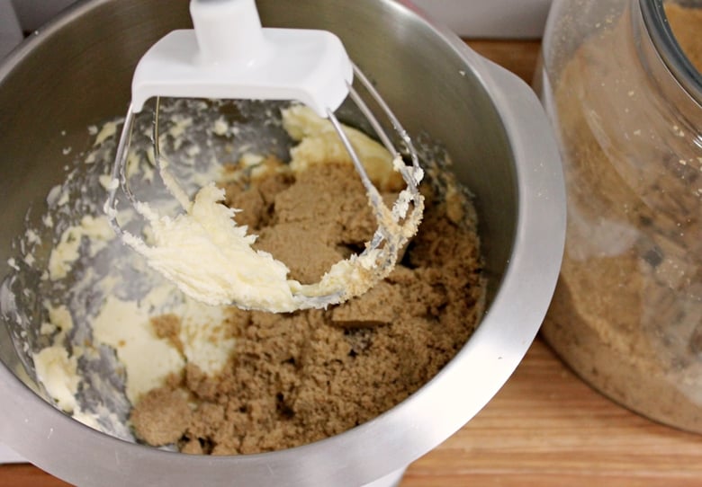 Butter and brown sugar being beat together in stand mixer