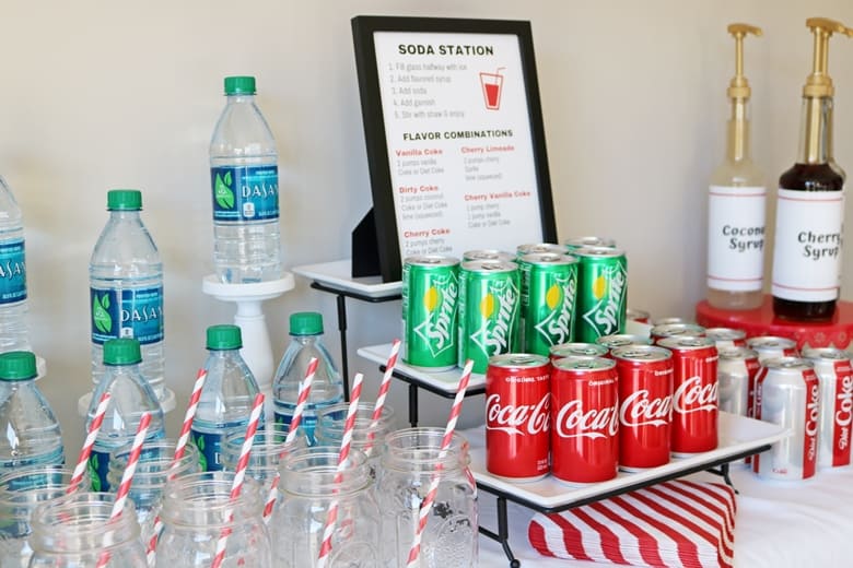 Set up a flavored soda station for your holiday party with these beverage station tips and free printable soda station sign and syrup bottle labels.