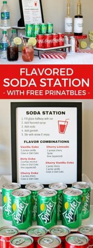 Set up a flavored soda station for your party or event with these beverage station tips and free printable syrup bottle labels and soda station sign.