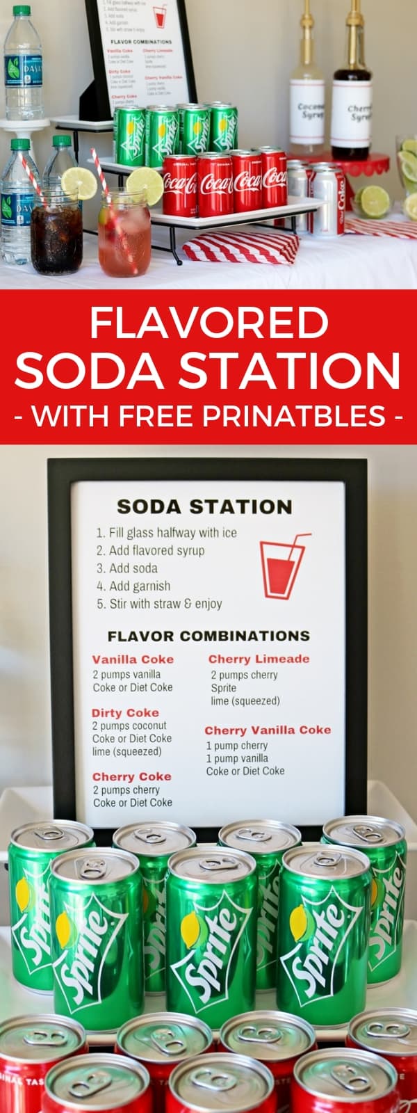 Set up a flavored soda station for your party or event with these beverage station tips and free printable syrup bottle labels and soda station sign.