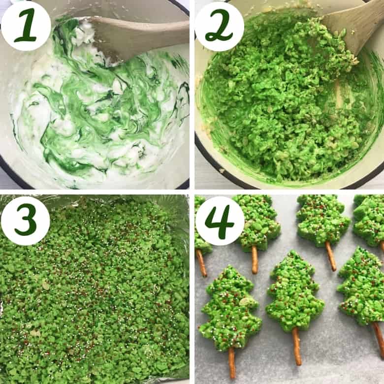 These easy-to-make, no bake, green Christmas Tree Rice Krispie Treats are sure to be the hit of the dessert table this Christmas– especially with the kids!