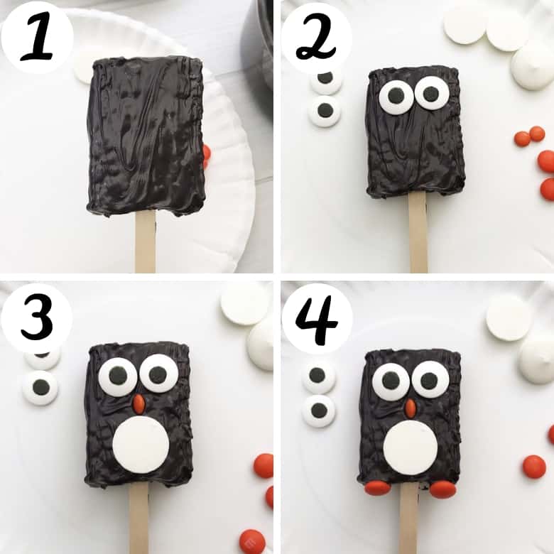 These adorable penguin Rice Krispie Treats take minutes to make using store-bought Rice Krispie Treats, candy melts, and a few candies.