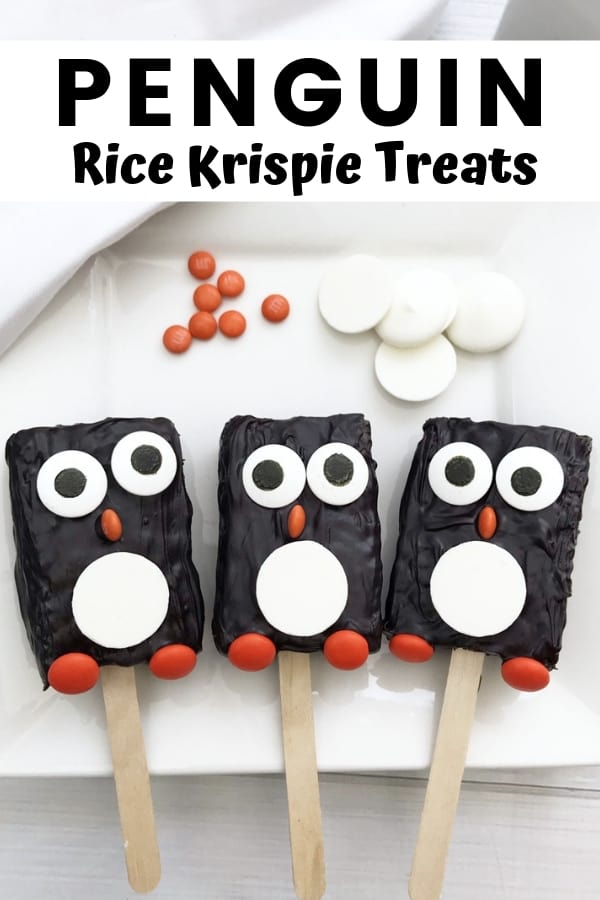 These adorable penguin Rice Krispie Treats take minutes to make using store-bought Rice Krispie Treats, candy melts, and a few candies.