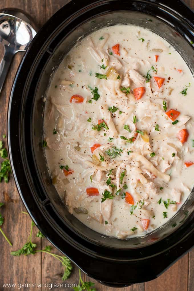 Slow Cooker Creamy Chicken Noodle Soup from Garnish & Glaze