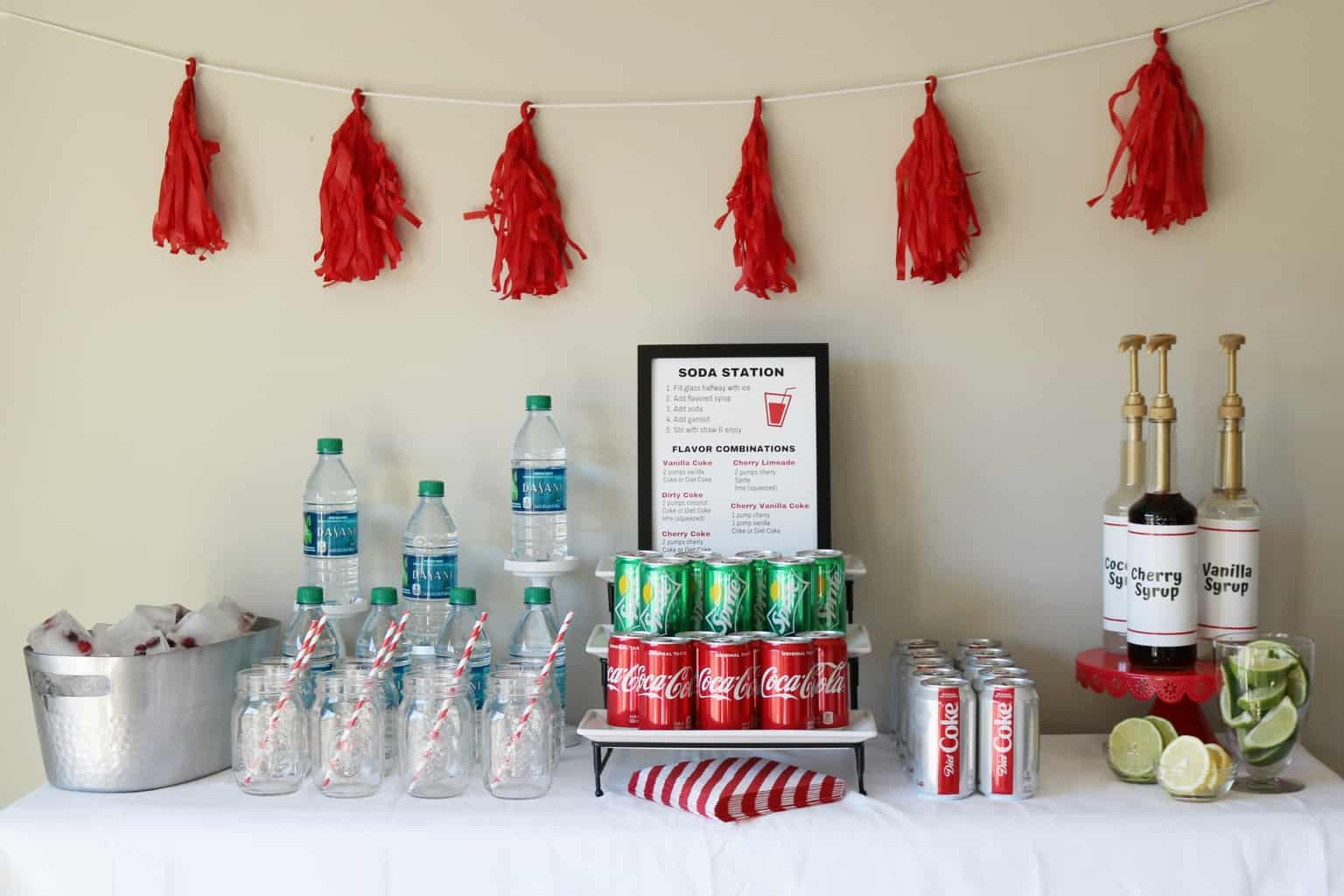 Set up a flavored soda station for your holiday party with these beverage station tips and free printable soda station sign and syrup bottle labels.