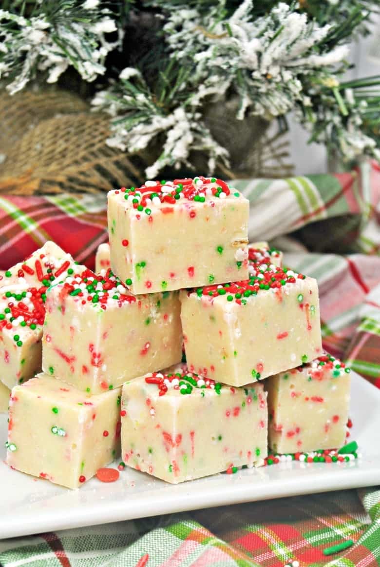Sugar Cookie Christmas fudge on white serving platter