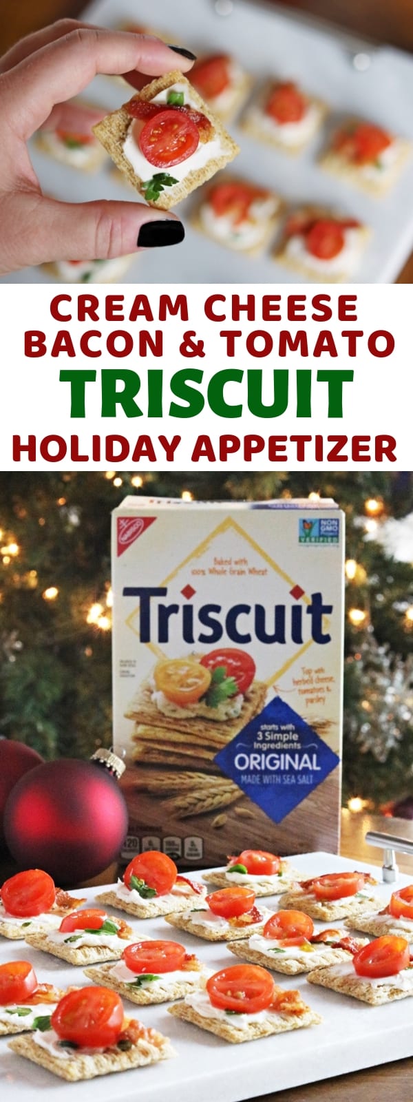 Top Triscuit crackers with cream cheese, bacon, and tomato for an easy holiday appetizer that takes just 10 minutes to prepare!