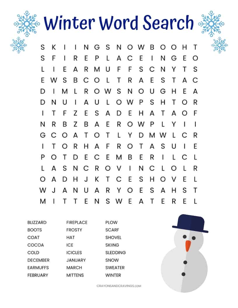 Winter Word Search Free Printable Worksheet