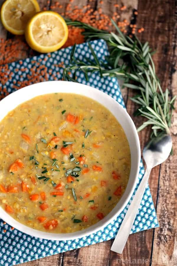 Slow Cooker Lemon Rosemary Lentil Soup - Melanie Makes