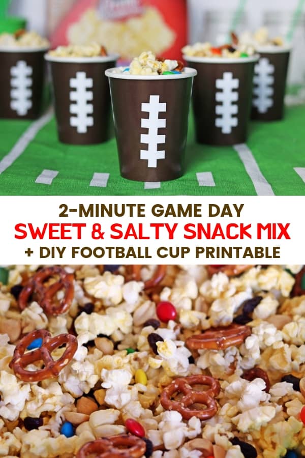A no-bake sweet & salty snack mix made with popcorn, pretzels, raisins, chocolate, and peanuts. Served in DIY football cups, this easy snack mix is perfect for game day.
