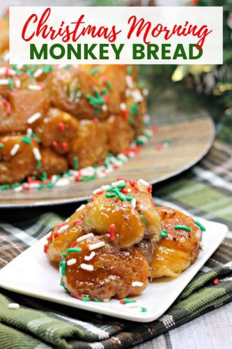 Made using refrigerated biscuit dough, stuffed with chocolate, and covered in holiday sprinkles, this easy monkey bread recipe is the perfect sweet treat to serve your family Christmas morning.