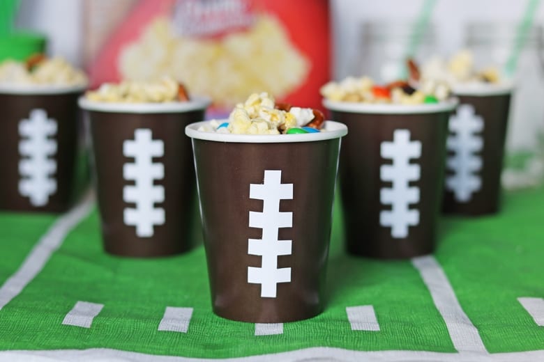 Sweet and Salty snack mix in football cups