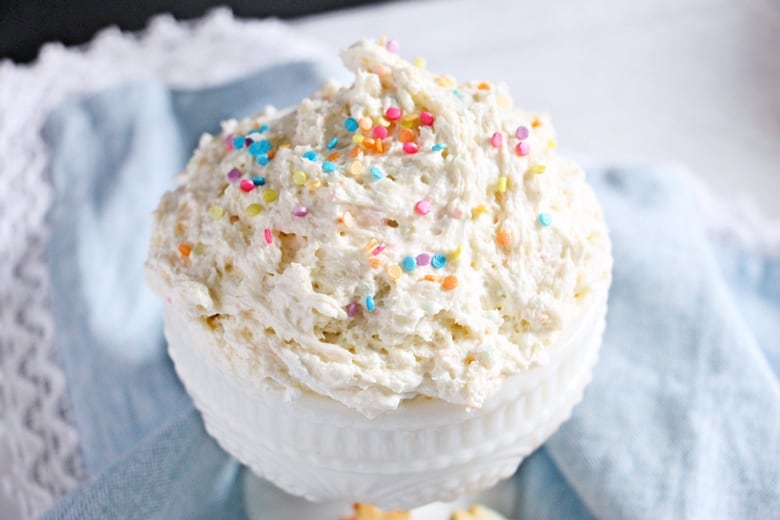 Funfetti dip in white serving bowl.