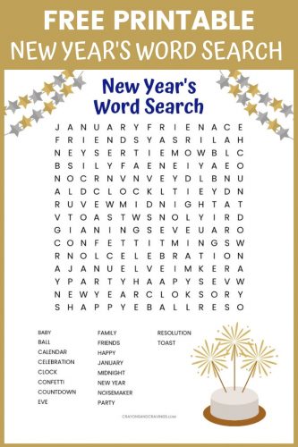 New Year's Word Search Free printable worksheet with 18 New Year's themed vocabulary words. A fun word find activity for kids and adults alike!