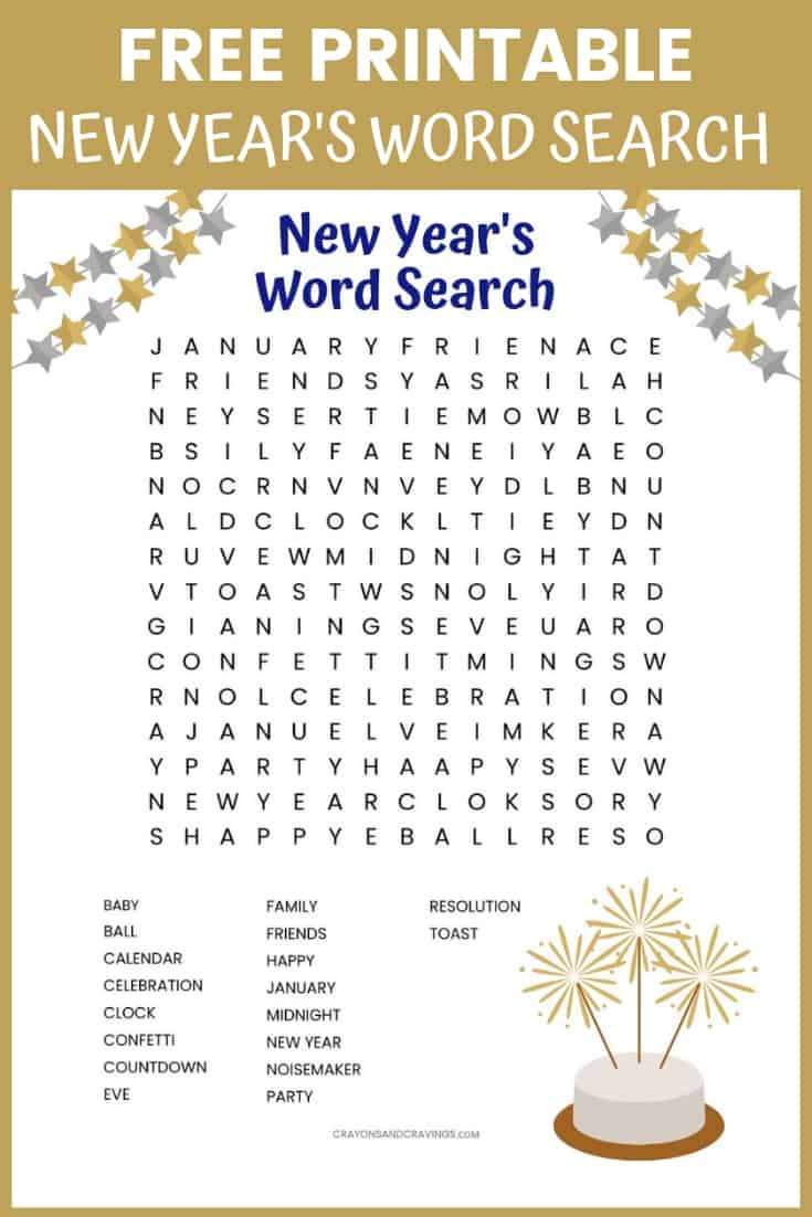 Free New Year's Word Search printable worksheet with 18 New Year's themed vocabulary words. A fun word find activity for kids and adults alike!