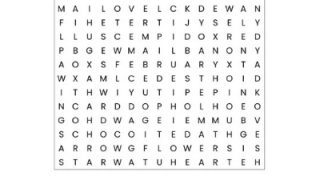 Printable Valentine's word search for kids with 18 words to find.