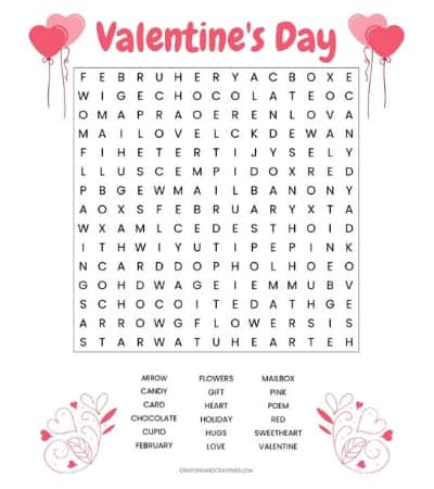 This printable Valentine's word search for kids has 18 words to find and is a fun and educational Valentine's Day activity for the classroom or at home.