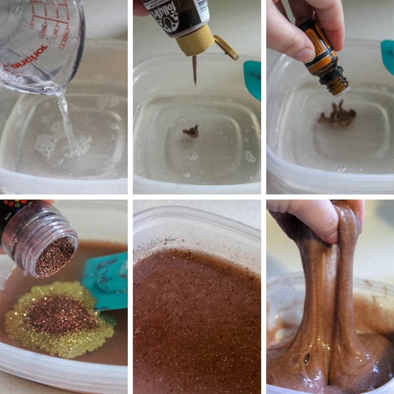 Collage of images showing to Make Gingerbread Slime including photos of water, paint, fragrance oil, and glitter being added to a mixing bowl and then the mixture combined to make gingerbread slime.