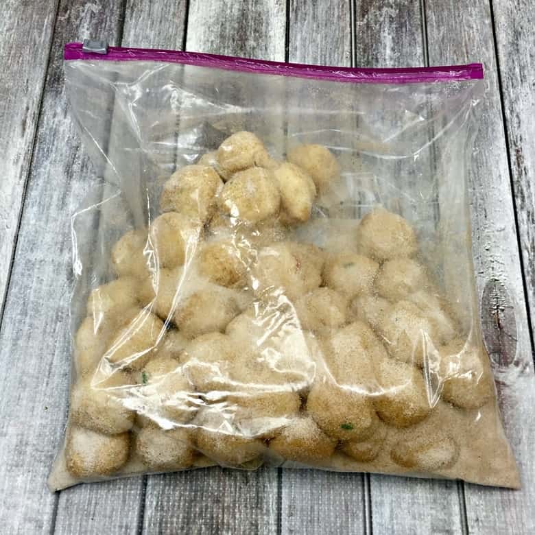 Large zipper baggie filled with cinnamon, sugar, and dough balls