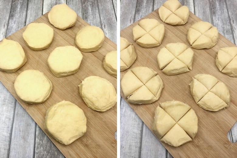 biscuit dough laid out on a cutting board and cut into quarters