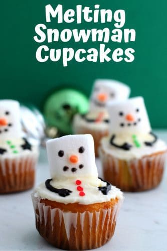 Melting snowman cupcakes are an easy to make Winter dessert made by adding a marshmallow and a few other small decorations to vanilla cupcakes.