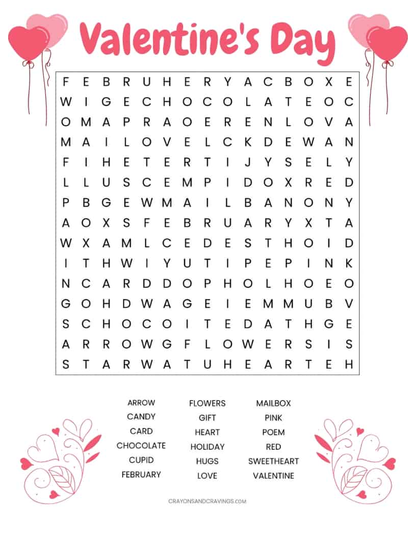 Valentine's Word Search Free Printable Worksheet