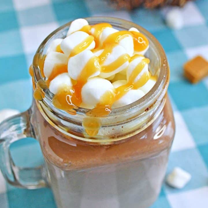A rich and creamy salted caramel hot chocolate recipe that you can make easily right at home in your slow cooker.