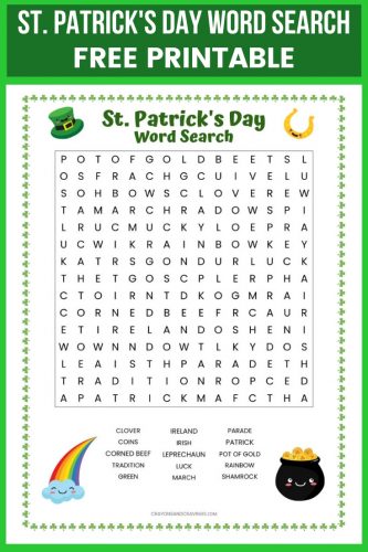 St. Patrick's Day word search FREE printable worksheet packed with 15 words to find such as shamrock, Ireland, and rainbow.