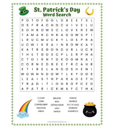Free St. Patrick's Day Word Search Printable Worksheet