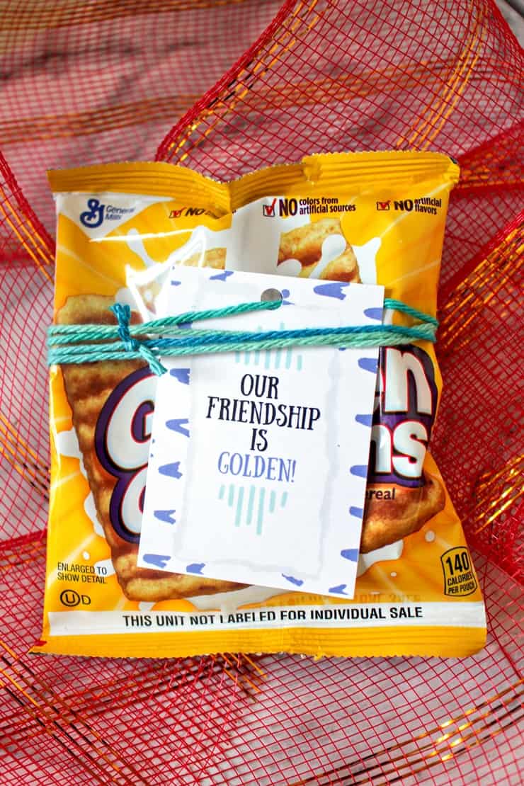 "Our friendship is golden" gift tag on bag of Golden Grahams