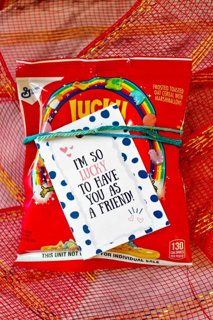"I'm so lucky to have you as a friend" tag tied to bag off Lucky Charms