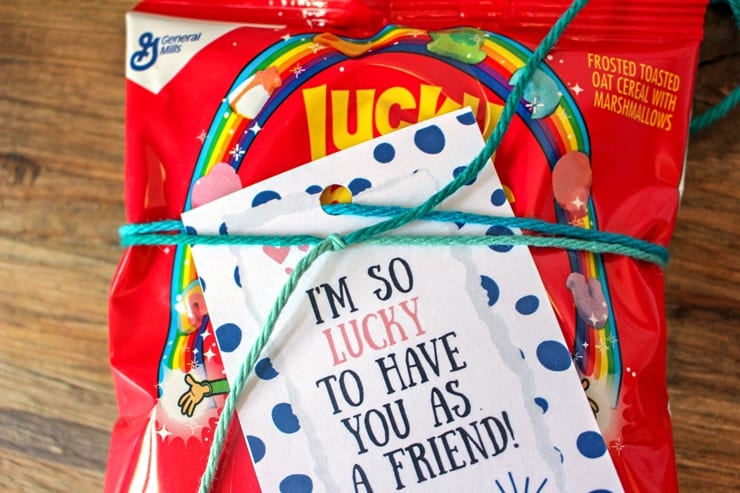 Lucky Charms cereal bag with Valentine Gift Tag tied onto it