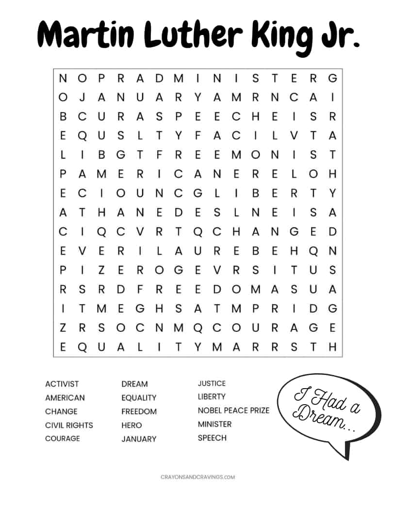 This Martin Luther King Jr. word search printable worksheet with 15 words to find is a fun and educational MLK Day activity for the classroom or at home.