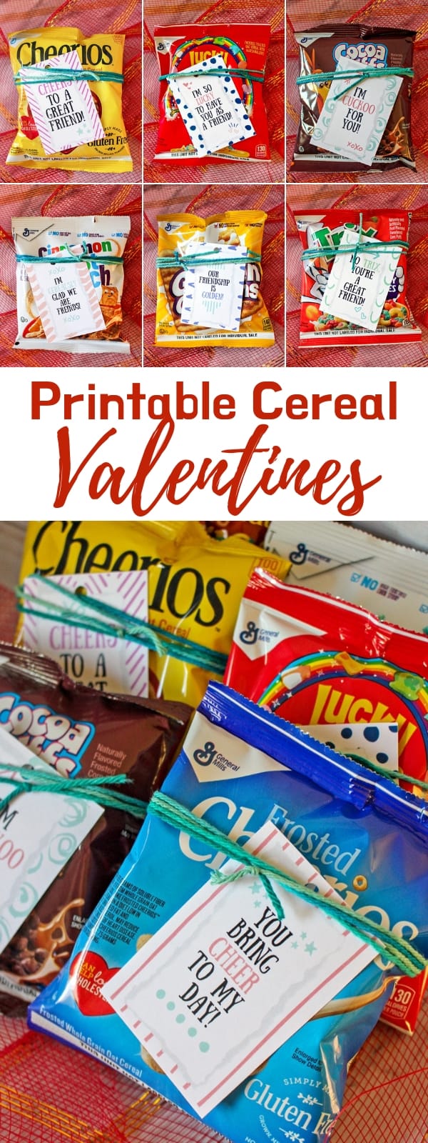 Use the provided free printable cereal valentine tags to make fun valentines to hand out to the kids in the classroom. Available with 8 different sayings!