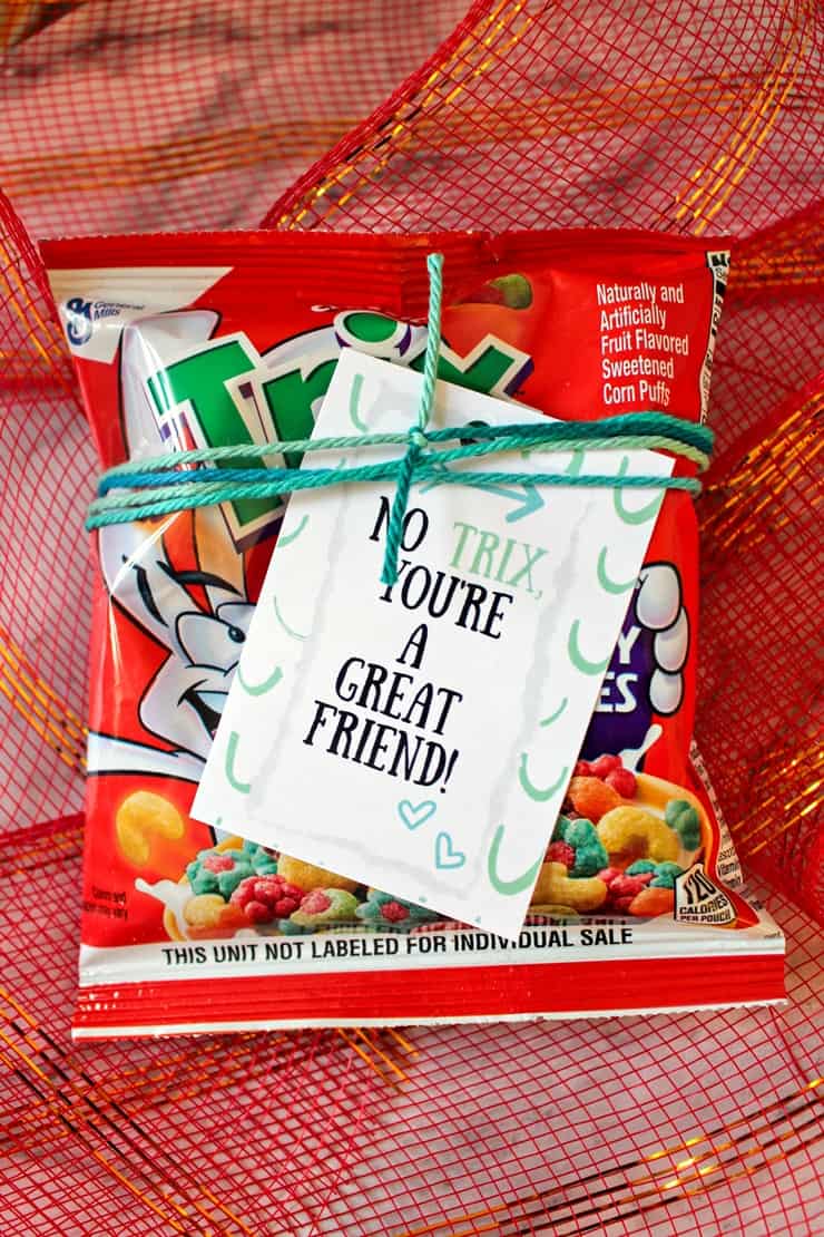 "No Trix, you are a great friend" label on a bag of Trix cereal