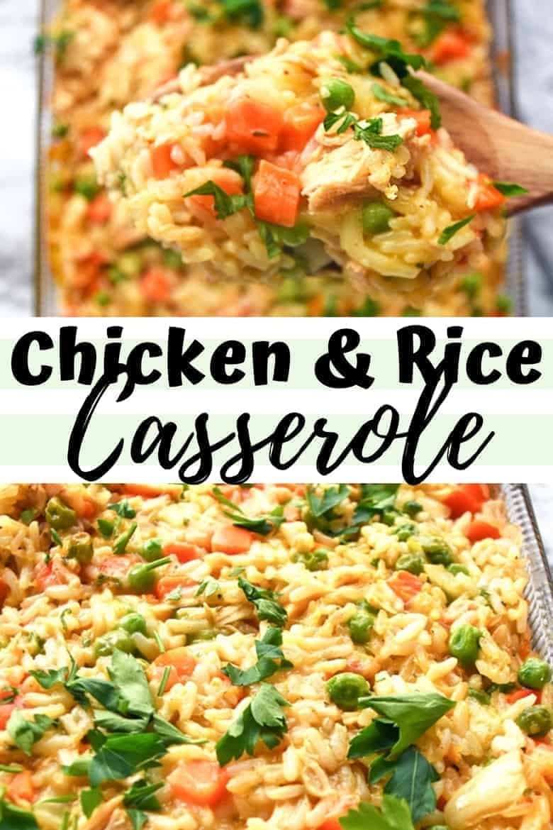 A delicious and easy creamy chicken and rice casserole recipe made with frozen peas and carrots and cream of chicken soup.