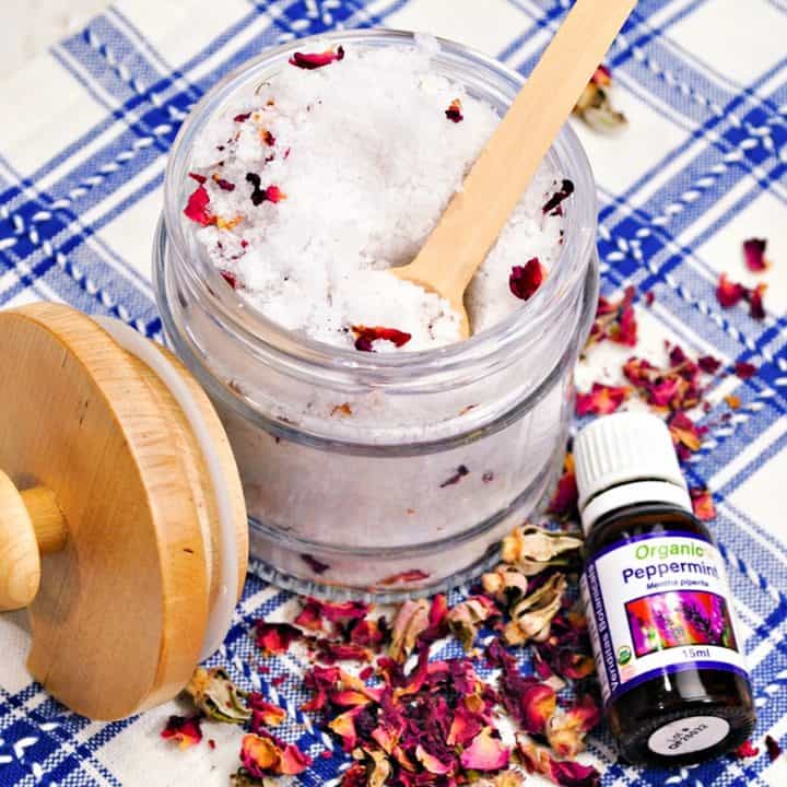 Enjoy these easy 5-ingredient DIY Rose Petal Bath Salts yourself, or make them as a nice homemade gift for the bath lover in your life.