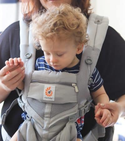 1-year-old baby in ErgoBaby Cool Air Mesh Carrier front facing