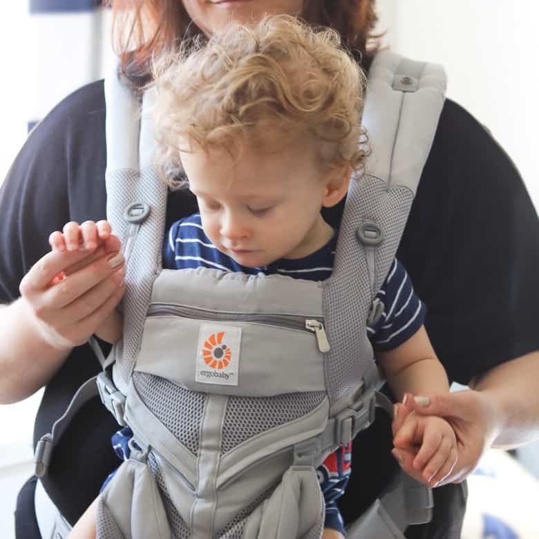 1-year-old baby in ErgoBaby Cool Air Mesh Carrier front facing